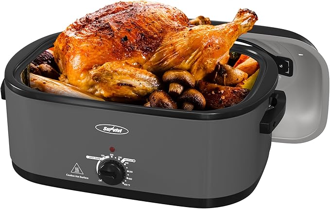 Sunvivi Electric Roaster Oven with Viewing Lid, 26-Quart Turkey Roaster, Defrost/Warm Function, Removable Pan & Rack, Stainless Steel, Grey