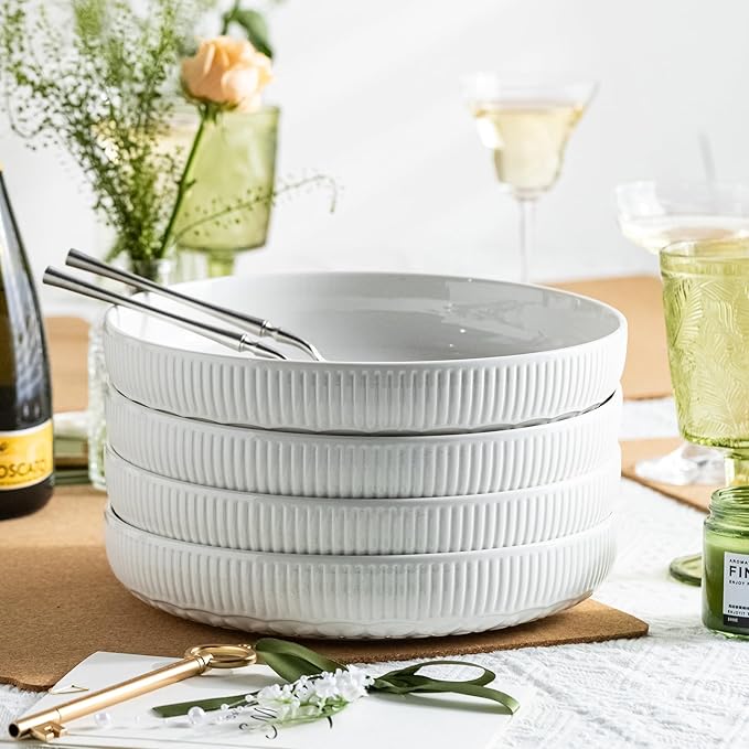 YHOSSEUN 9.75" Pasta Bowls Set of 4, 50 OZ Large Salad Serving Bowls Pasta Plates, White Soup Bowl for Kitchen Meal Prep, Ceramic Shallow Dishes, Clover Stripe