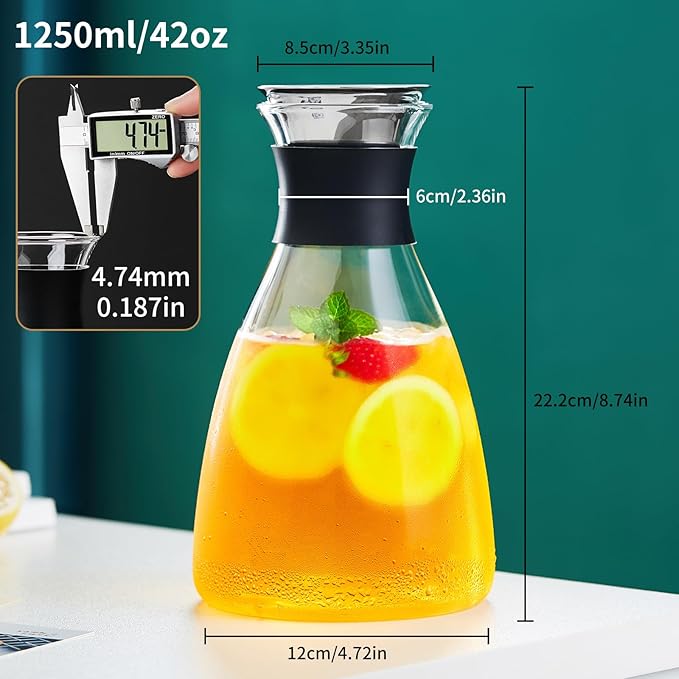 Glass Pitcher with Lid and Spout, 42OZ, Glass Water Jug for Fridge, Glass Carafe with Lid for Hot/Cold Water, Large Pitcher for Coffee, Juice,Homemade Iced Tea Beverage 1250ML