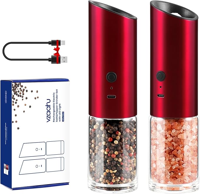 Vzaahu Gravity Electric Pepper and Salt Grinder Set of 2 - Rechargeable, Refillable, Adjustable Coarseness, Stainless Steel Seasalt Peppermill with LED light - One Hand Operation (Red)