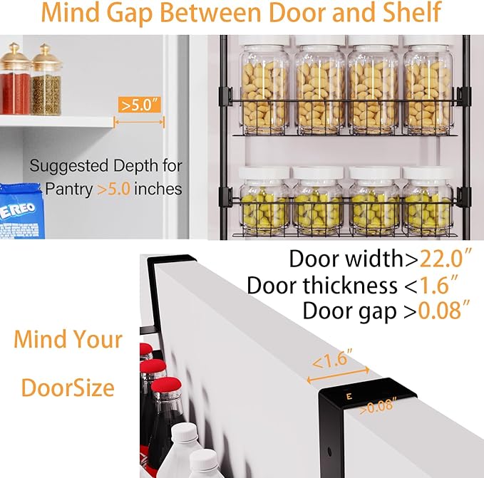 5-Tier Over The Door Pantry Organizers, Pantry Door Organizer and Storage with Adjustable Baskets,Heavy-Duty Metal Spice Rack,essential kitchen and home Shelves(Black)
