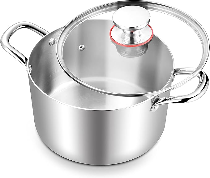 TeamFar 6 Quart Stock Pot, Stainless Steel Tri-Ply Cooking Pasta Pot with Tempered Glass Lid for Induction/Electric/Gas/Ceramic, Healthy & Sturdy, Double Riveted Handles & Dishwasher Safe