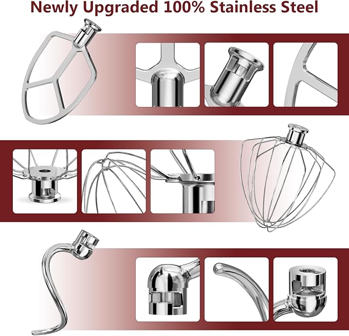 Stainless Steel Attachments 3-Piece for KitchenAid 5.5-6 QT Bowl-Lift Stand Mixer and Mixing Bowl,Includes Wire Whisk, Flat Beater, Dough Hook,Dishwasher Safe and Heavy Duty