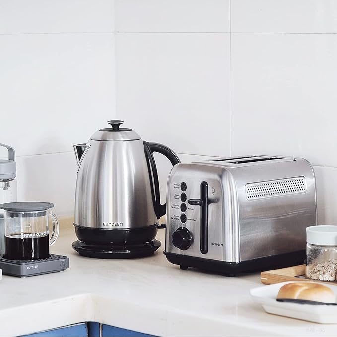 BUYDEEM K640 Stainless Steel Electric Tea Kettle with Auto Shut-Off and Boil Dry Protection, 1.7 Liter Cordless Hot Water Boiler with Swivel Base, 1440W,Retro Silver