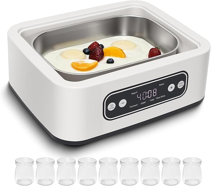 1.7-Quart Yogurt Maker with Adjust Temp(21°C-48°C/70°F-118°F) & Time(1-99h),110V-240V Auto-adaptive,Steel Inner Pot,BPA-free,Celsius Increment,Real-Time Countdown LED Display (Additional 9 jars)