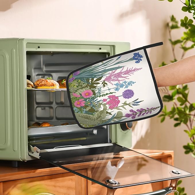 Weed Pot Holder Set of 2,Herbs and Wild Flowers Kitchen Heat Resistant Potholder for Women Men BBQ Cooking Baking