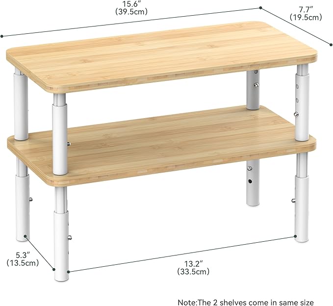 Cabinet Organizer Shelf, Spice Rack Set of 2 Kitchen Pantry Cupboard Shelves, Stackable, Height Adjustable, Natural Bamboo (15.6" Wx77.Dx6.57 H per Pack)