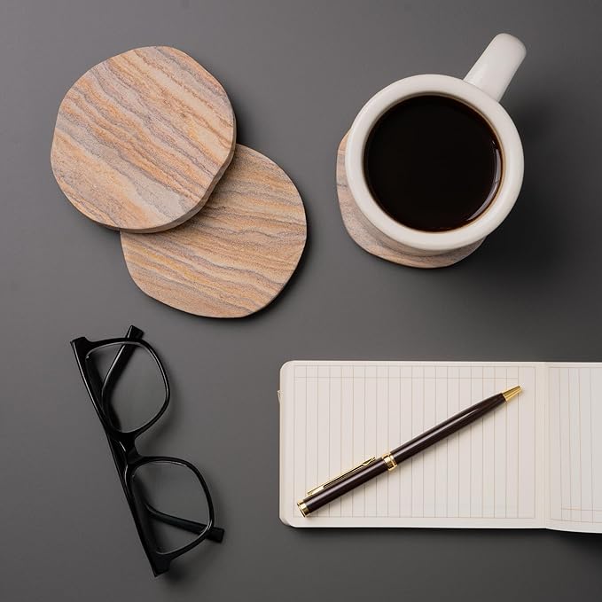 Cork & Mill Absorbent Coasters Set of 4 - Water Absorbing Sandstone Coasters for Drinks - Perfect for Coffee Table, Office Desk, Outdoor, Bedroom Nightstand - 4" Round - Unique Irregular Edge Design