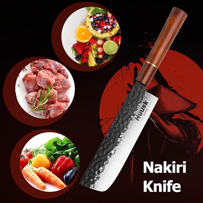 Huusk Japan Knife, Nakiri Knife Japanese Vegetable Knives 7 Inch, Multipurpose Asian Kitchen Chef Knives,Hand Forged High Carbon Steel Sharp Cleaver, Ergonomic Rosewood Handle, Gift Box for Dad