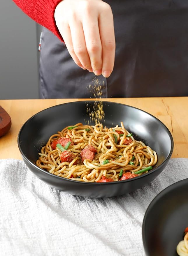 Teocera Matte Black Pasta Bowls Set of 4-35oz Large Oversized Porcelain Bowls for Spaghetti & Salad | Heat-Resistant, Chip-Resistant, Microwave & Dishwasher Safe | Smooth Non-Porous Surface