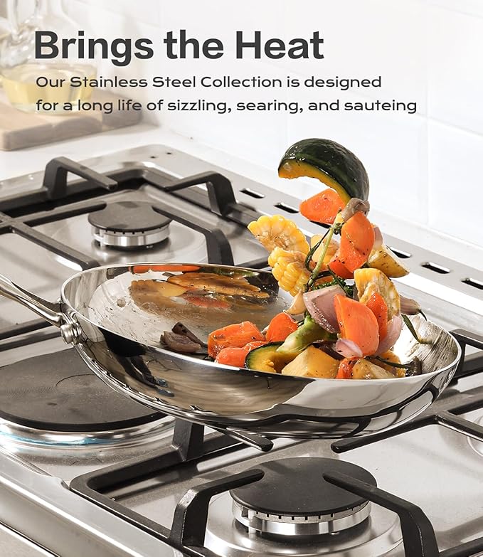 Stainless Steel 8 Inch Frying Pan NonToxic Tri-play Non-toxic Skillets Professional Cookware with Stainless Lids,Stay Cool Handles,Induction Dishwasher & Oven Safe PFOA Free