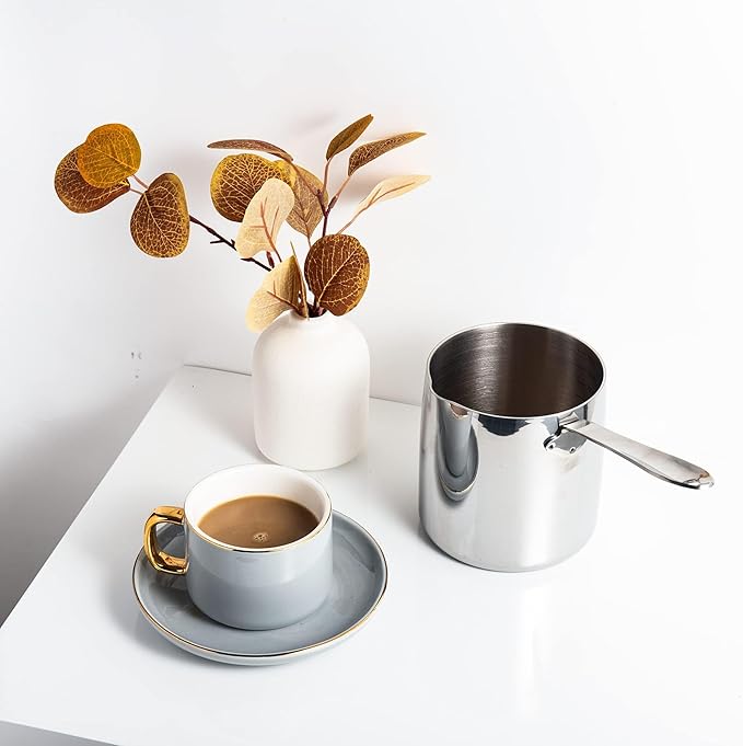 IMEEA Milk Warmer Pot Turkish Coffee Pot 18/10 Tri-Ply Stainless Steel Butter Warmer with Spout (30oz/900ml)