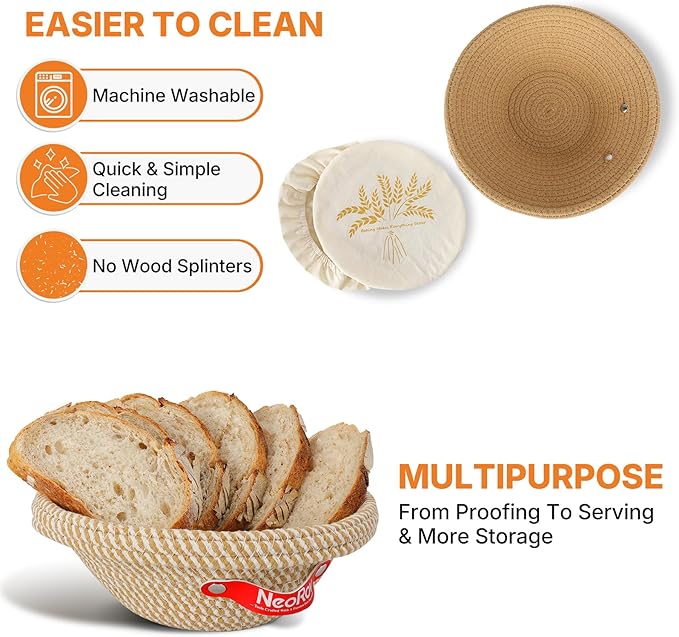 Banneton Bread Proofing Basket Set - 2X Round Sourdough Proofing Baskets - Sourdough Proofing Bowls Bread Baking Supplies With Liner & Cloth Cover - Cotton Rope Banneton Basket for Baking