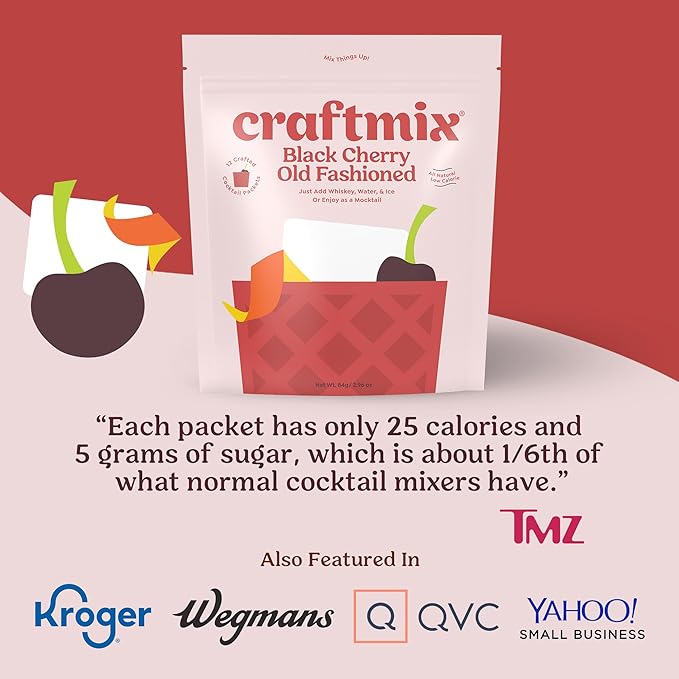 Craftmix Black Cherry Old Fashioned Mix, Makes 12 Drinks, Bourbon and Whiskey Cocktail Mixer, Instant Skinny Cocktail and Mocktail Mix - With Real Fruit - Vegan Low Carb, Low Sugar, Non-GMO