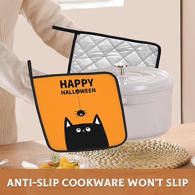 Happy Halloween Pot Holders Set of 2 Heat Resistant Potholders,Black Cat Fire Oven Hot Pads for Kitchen Cooking Baking Barbecue