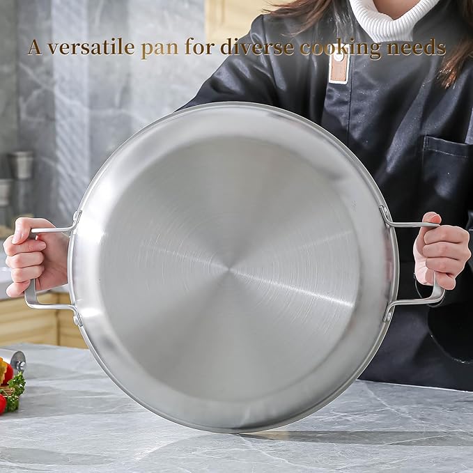 DELARLO Paella Pan With Lid 14 Inch Tri-Ply Large Stainless Steel Nonstick Frying Pan,Induction Skillets,Fast Heating Cookware,Indoors Outdoors,paelleras para 12 personas Jumbo Cooker