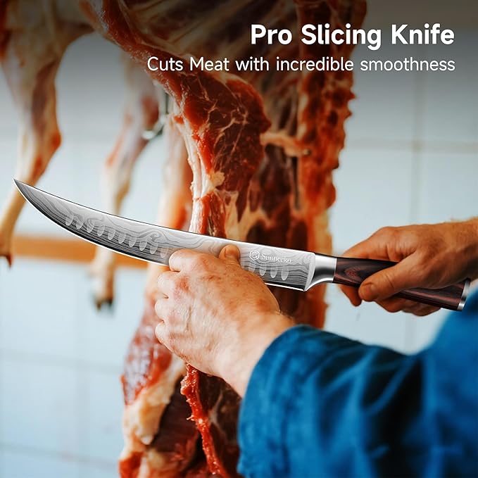 Sunnecko Butcher Knife,Razor Sharp Breaking Knife for Meat Cutting,High Carbon German Steel Carving Knives with Meat Fork