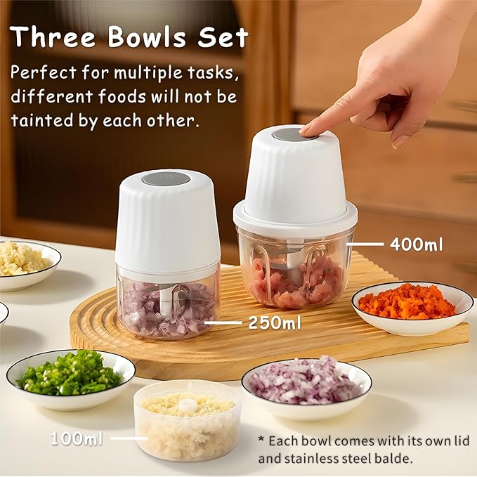 Mini Food Processor Cordless Set with Multiple 3*(400ml+250ml+100ml) Bowls& 6+3+2 Blades, Small Garlic Chopper Mincer, USB Rechargeable Battery Vegetable Chopper,Wireless Electric Meat Blender Grinder