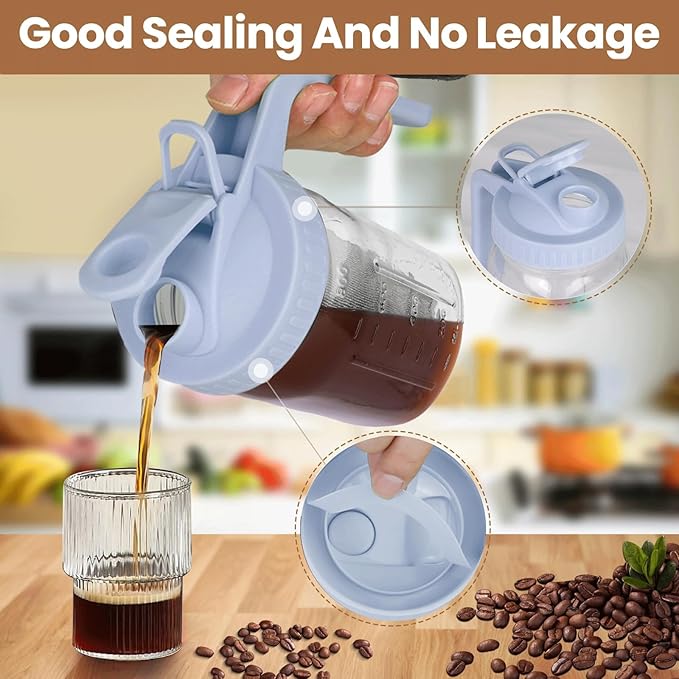 Cold Brew Coffee Maker,32 oz Mason Jar Pitcher with Stainless Steel Filter, Pour Spout Handle Lid, Heavy Duty Glass Airtight & Leak-Proof Pitcher for iced coffee Tea Lemonade-Gray