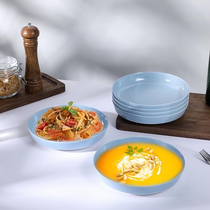 Webbylee 8.25" Melamine Pasta Bowls Set of 6-28oz Melamine Large Salad Bows,Serving Bowls for Cereal, Fruit, Soup,Deep Enough for Kitchen and Dining Blue/Beige