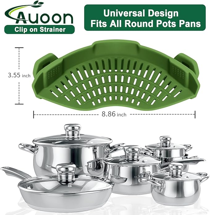 AUOON Silicone Clip on Strainer - Adjustable Strainers and Colanders for All Pots Pans and Bowls | Practical Kitchen Gadgets for Cooking and Draining (Matcha)