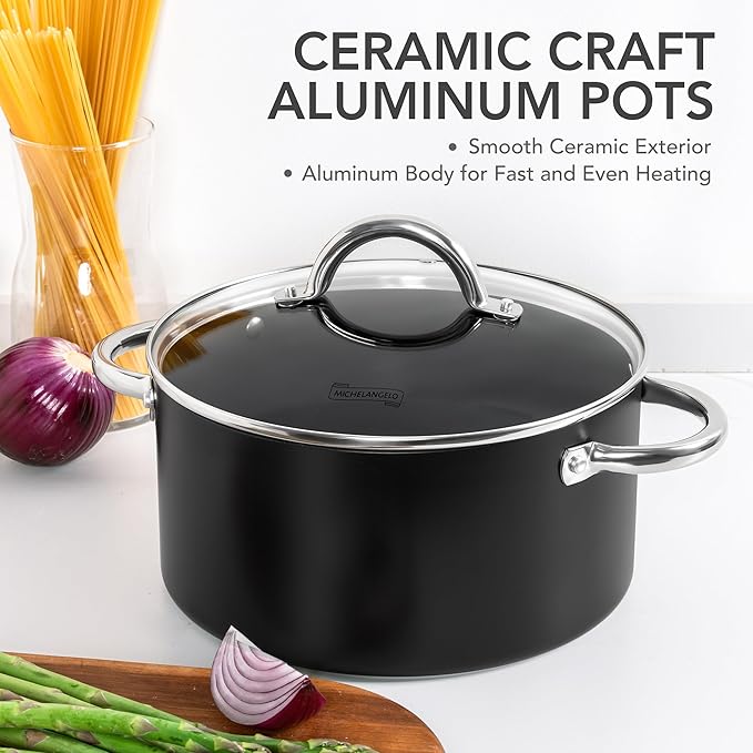MICHELANGELO Stock Pot with Lid, Nonstick Cooking Pot, 6 Quart Soup Pot with Lid, Non Stick Pots with Stainless Steel Handle, Induction Compatible, Black