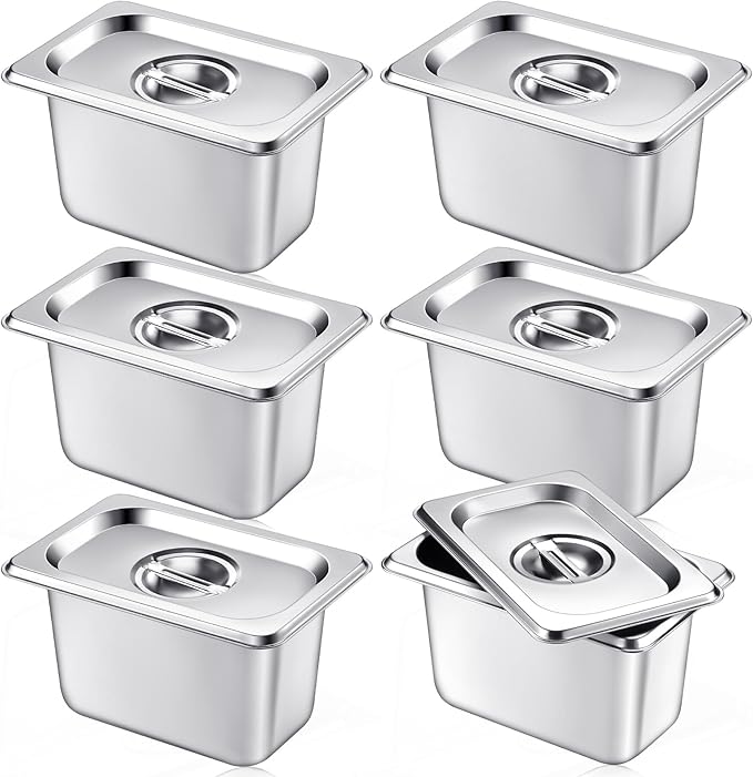 Mifoci 6 Pack Stainless Steam Hotel Pan with Lid, 1/9 Size x 4 Inch Deep Steam Table Pan Restaurant Supplies Reusable Anti Rust Catering Storage for Home, Party, Restaurant, Hotel, Buffet