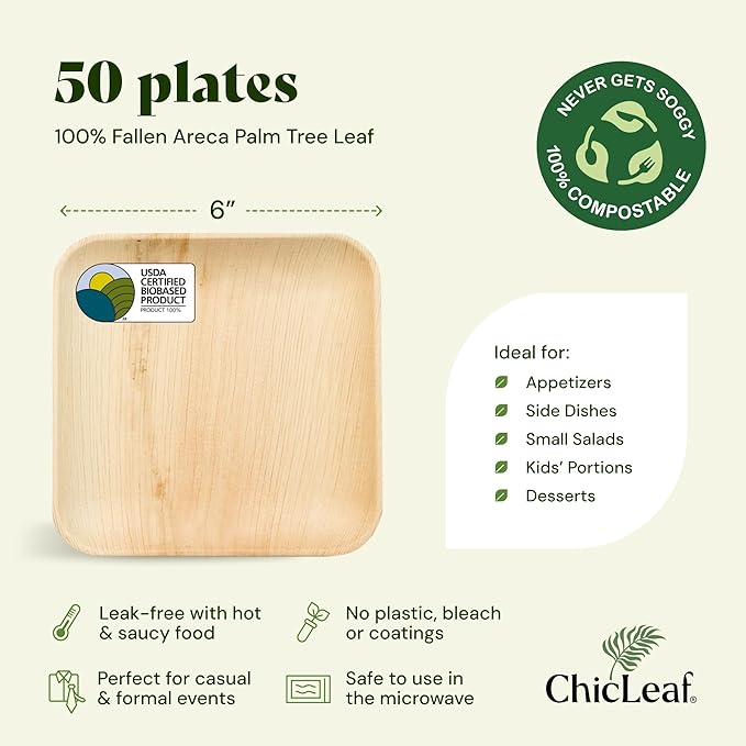 Chic Leaf Palm Leaf Compostable Plates - 6" Square, Pack of 50 - Disposable Dinnerware - Rustic Bamboo Appetizer Plates - Charcuterie Boards & Biodegradable Serviceware