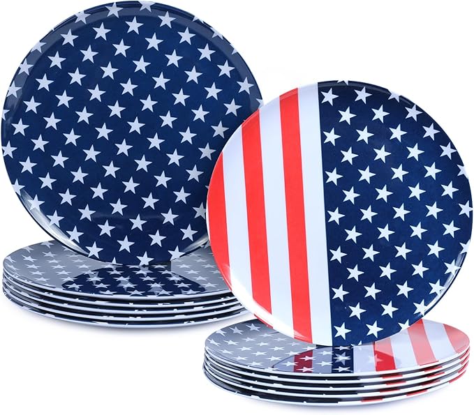12-Piece Melamine Dinner Plates - 10 Inch Unbreakable Plates for 4th of July Party, Red White Blue Decorations, Lightweight Dinnerware for BBQ, Picnic, Independence Day - Mixed Colors