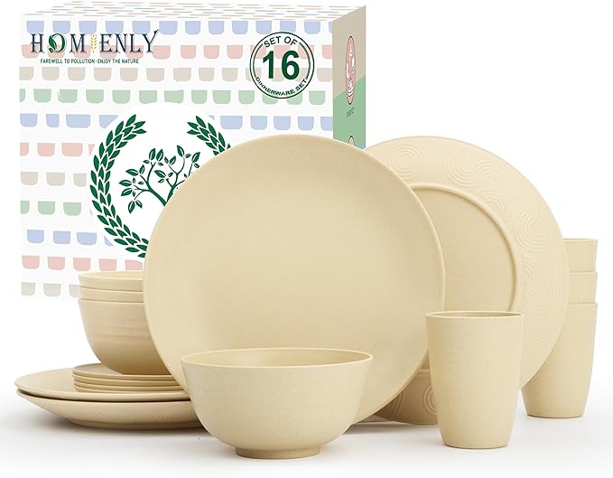 Homienly Premium Wheat Straw Dinnerware Sets, Lightweight & Unbreakable Plates and Bowls Sets,Cups,Service for 4,Dishwasher and Microwave Safe 16 PCS Dish Sets for Home,Camping- Beige
