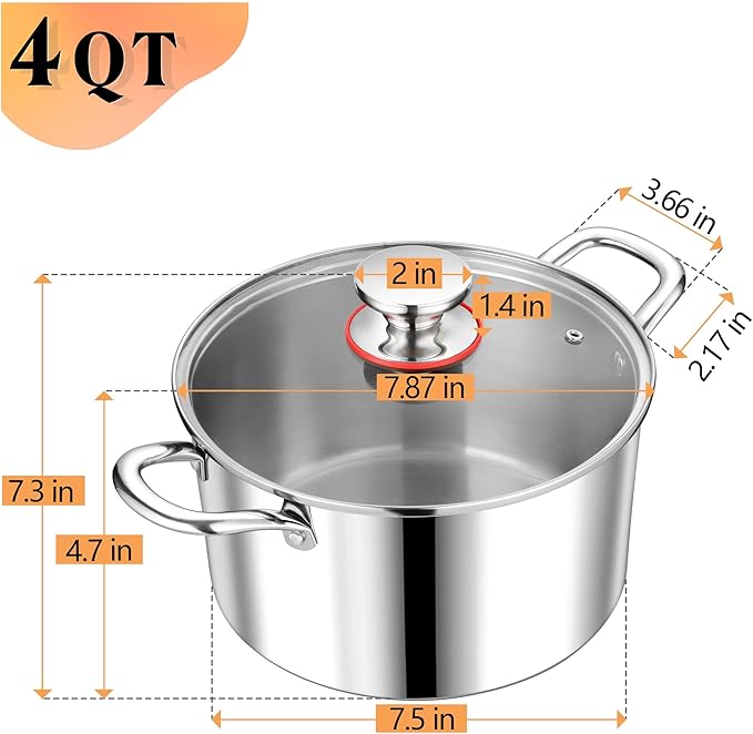 P&P CHEF 4 Quart Tri-Ply Stainless Steel Stock Pot, 4 Qt Stockpot Pasta Cooking Pot with Visible Lid for Soup Vegetable, Induction Cookware for All Stoves, Sturdy & Double Handle, Dishwasher Safe