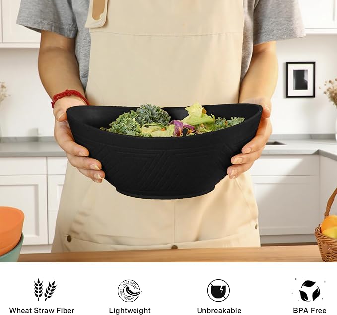 65 OZ Large Salad Bowls, Unbreakable Wheat Straw Bowls Set 4 PCS, Large Plastic Bowl Reusable, Microwave & Dishwasher Safe Kitchen Bowl for Salad, Cereal, Soup and Popcorn (Black)