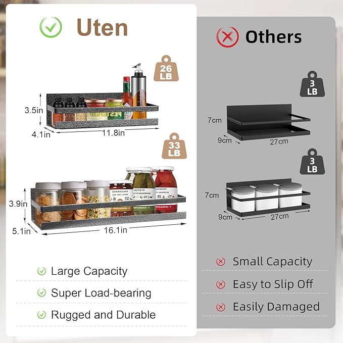 Uten Large Spice Rack for Refrigerator, 2 Pack Strong Magnetic Shelves, Moveable Fridge Organizer for Kitchen Holding Spices, Jars