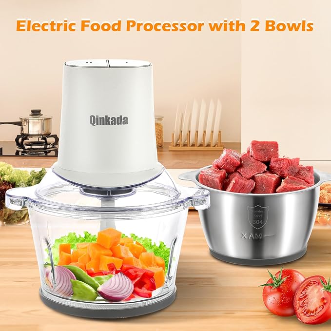 Food Processors with 2 Bowls, 400W Meat Grinder, Food Chopper Electric, 2 Speed, 8Cup Glass and 8Cup 304 Stainless Steel, 2 Blades, Spatula (White)