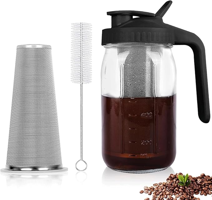 Cold Brew Coffee Maker,32 Oz Mason Jar Pitcher with Stainless Steel Filter, Pour Spout Handle Lid, Heavy Duty Glass Airtight & Leak-Proof Pitcher for iced coffee Tea Lemonade-Black