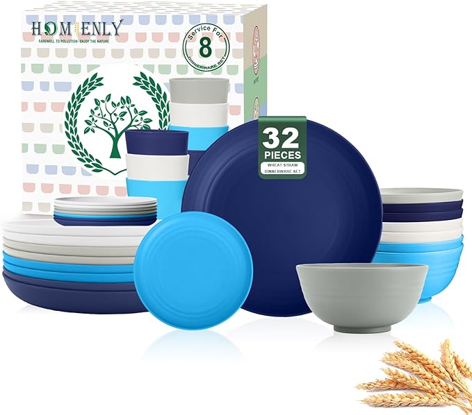 Homienly 32 PCS Plates and Bowls Sets, Unbreakable Wheat Straw Dinnerware Set, Microwave and Dishwasher Safe Dinnerware Sets, LIghtweight Dish Set for KItchen, Camping, Party - Island Series