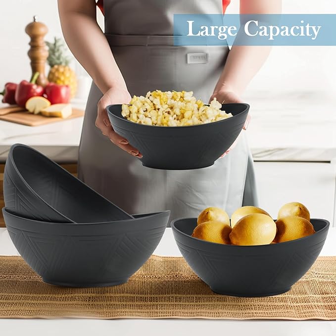 65 OZ Large Salad Bowls, Unbreakable Wheat Straw Bowls Set 4 PCS, Large Plastic Bowl Reusable, Microwave & Dishwasher Safe Kitchen Bowl for Salad, Cereal, Soup and Popcorn (Black)