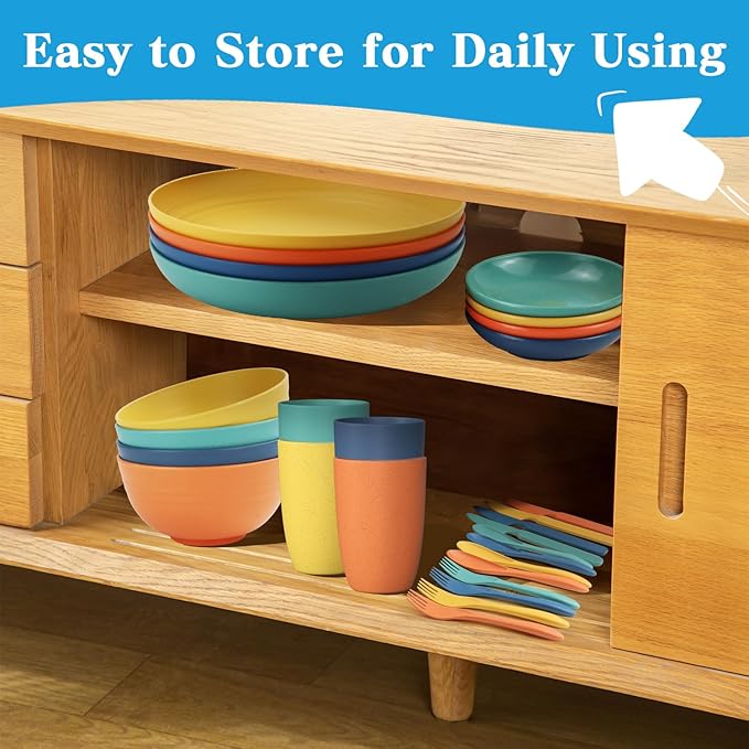 Wheat straw plates and bowls sets with cutlery - Unbreakable wheat straw dinnerware sets of 28 - Microwave safe plates,bowls,cups for camping,kitchen,new apartment.Colorful