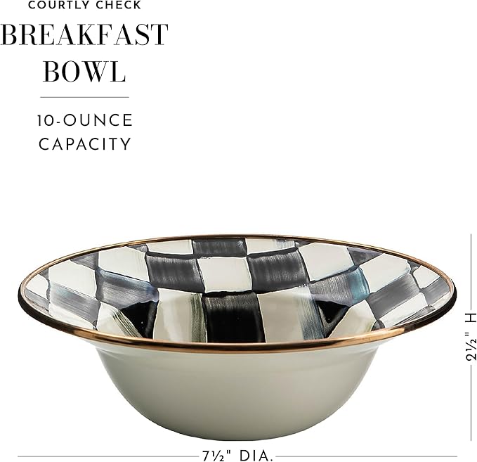 MACKENZIE-CHILDS Enamel Breakfast Bowl, Unique Soup Bowl or Cereal Bowl, Dinnerware, Black-and-White Courtly Check, Set of 1