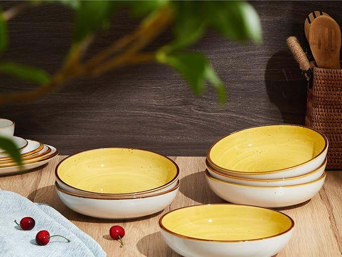 ONEMORE Porcelain Pasta Bowl 30 Oz, Large Ceramic Salad Serving Bowl/Oven, Set of 6 Kitchen Dinnerware, Microwave and Dishwasher Safe, Easy to Clean, Yellow