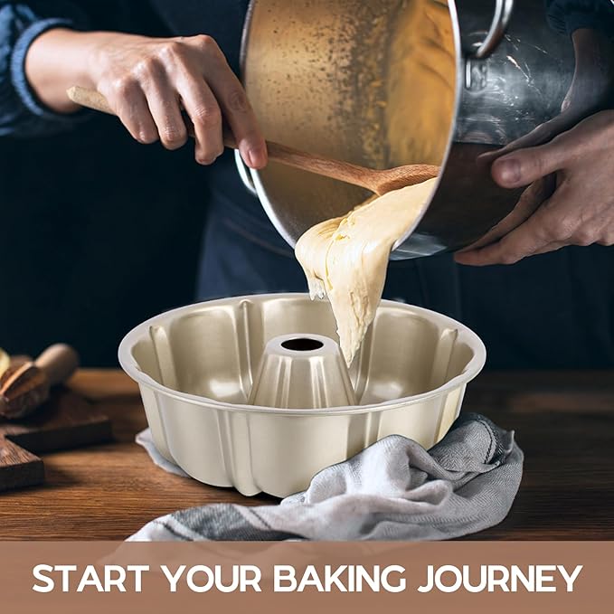 Onader 2 Pack Gold Cake Pan, Nonstick 10 Inch Round Fluted Tube Pans for Baking Pound Cakes, 10 Cups Large Heavy Duty Carbon Steel Baking Mold