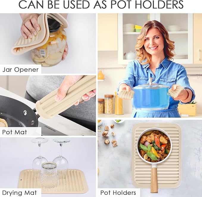 QPIX DIGITAL 4 Pack Silicone Trivets for Hot Dishes, Large & Heat Resistant Silicone Pot Holder Hot Pads for Kitchen, 9x12 Beige Silicone Trivet Mat for Hot Pots and Pans, Jar Opener, Drying Mat