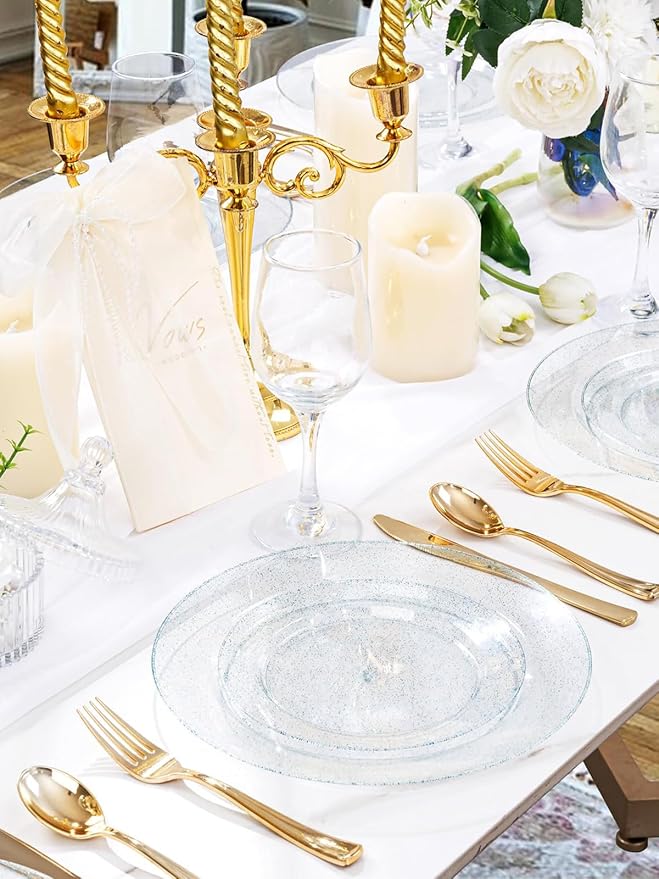 WDF 200PCS Blue Plastic Plates - Blue Glitter Plastic Plates - Heavy Duty Disposable Plates - Include 100 Dinner Plates 10" and 100 Dessert Plates 7" for Parties/Wedding/Graduation