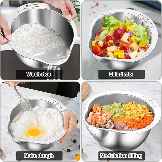 KesaPlan Rice Washer Strainer Bowl, 4-in-1 Washer Bowl Stainless Steel Rice Rinser Strainer Sink Colanders With Side Drainers for Cleaning Fruits, Vegetables, and Beans, Versatile Kitchen Tool