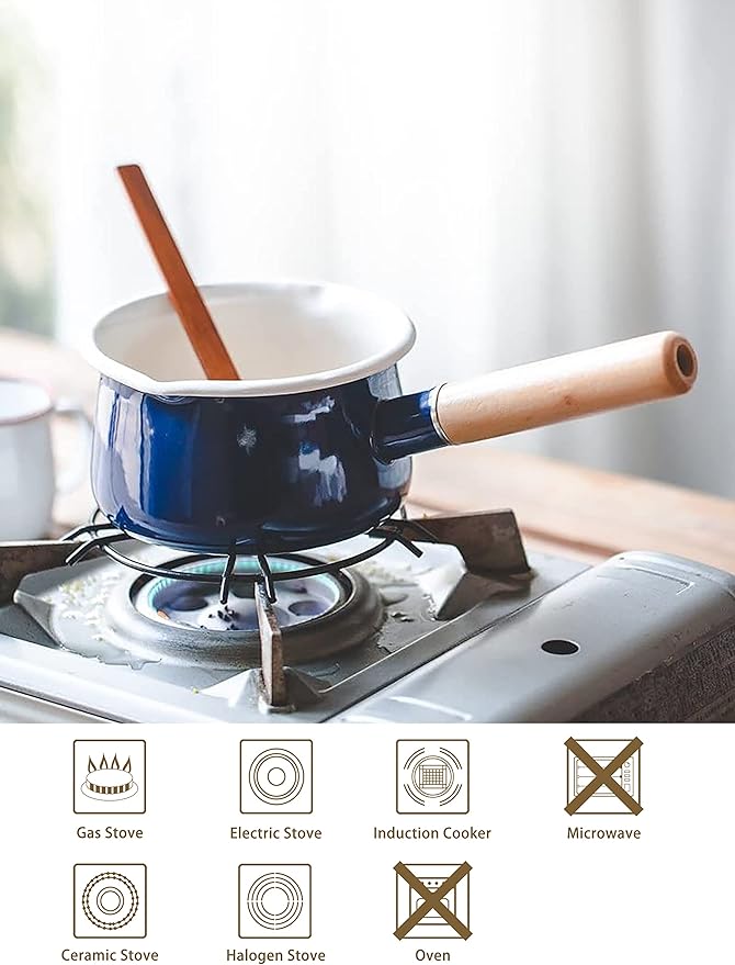 Enamel Milk Pan with Dual Pour Spout Butter Warmer Milk Pot for Stove Top Healthy White Enameled Inside Coating Iron 1QT Small Soup Pot with Wooden Handle (Blue)