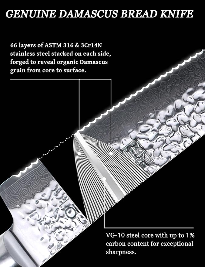 Serrated Bread Knife for Homemade Bread- 8 inches VG-10 Core, SGS Certified Ultra and Long-lasting Sharp Damascus Steel, Efficient Slicing Sourdough Crusty Bread Cutter