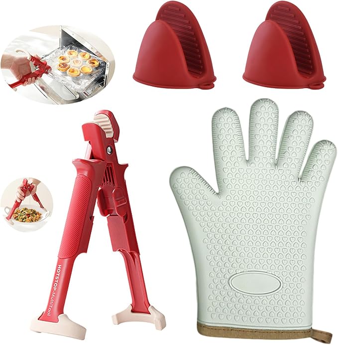 4 pcs Heat Resistant Kitchen Safety Set – Includes Silicone Oven Mitt, 2-in-1 hot Plate clamp, and Mini Pinch Mitts – Ideal for Microwave, Air Fryer & Steaming Use