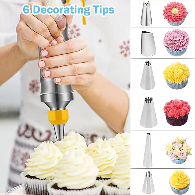 Hendiy Dessert Decorating Syringe Set, Stainless Steels Cake Decorating Tools Icing Piping Kit Icing Gun Cupcake Frosting Piping Kit, Cake Piping Kit with 6 Icing Nozzles and 9 Cupcake Liners