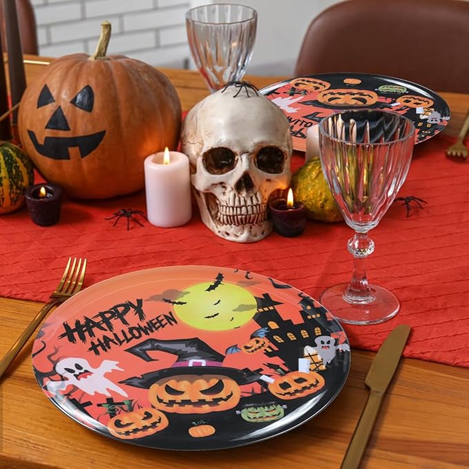 10-Inch Halloween Melamine Dinner Plates, 12-Piece Dishes Set, Lightweight & Stackable for Holidays& Decor Party plates, Ideal for Salad,Dessert,Fruit and Cakes-Halloween Pattern