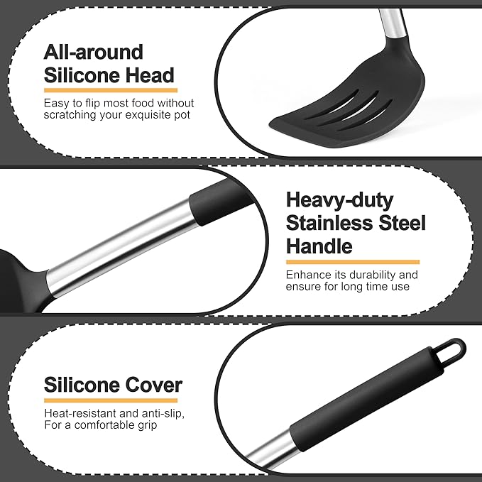 P&P CHEF Black Kitchen Cooking Utensil Set of 4, Silicone Solid Spatulas Slotted Spoons Turners for Non-stick Cookware Flipping Mixing, Heat-proof